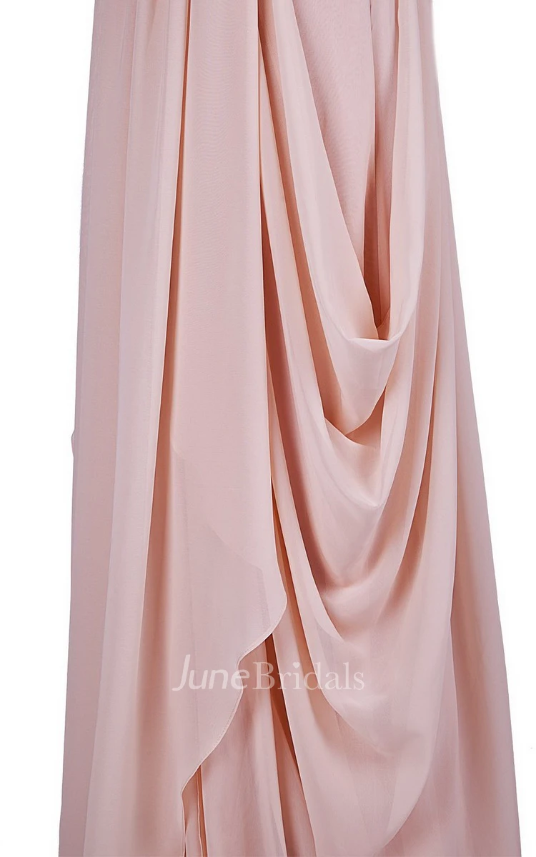 Floral Strapless Drapped Chiffon A-line Gown With Train