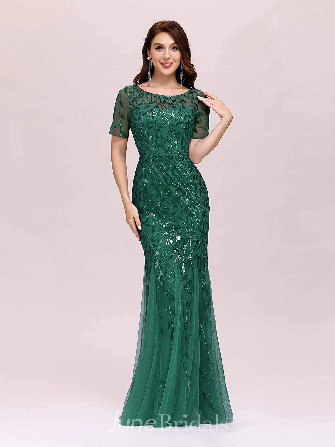 Vintage Mermaid/Trumpet Jewel Short Sleeve Prom Formal Dress with Pleats and Sequins