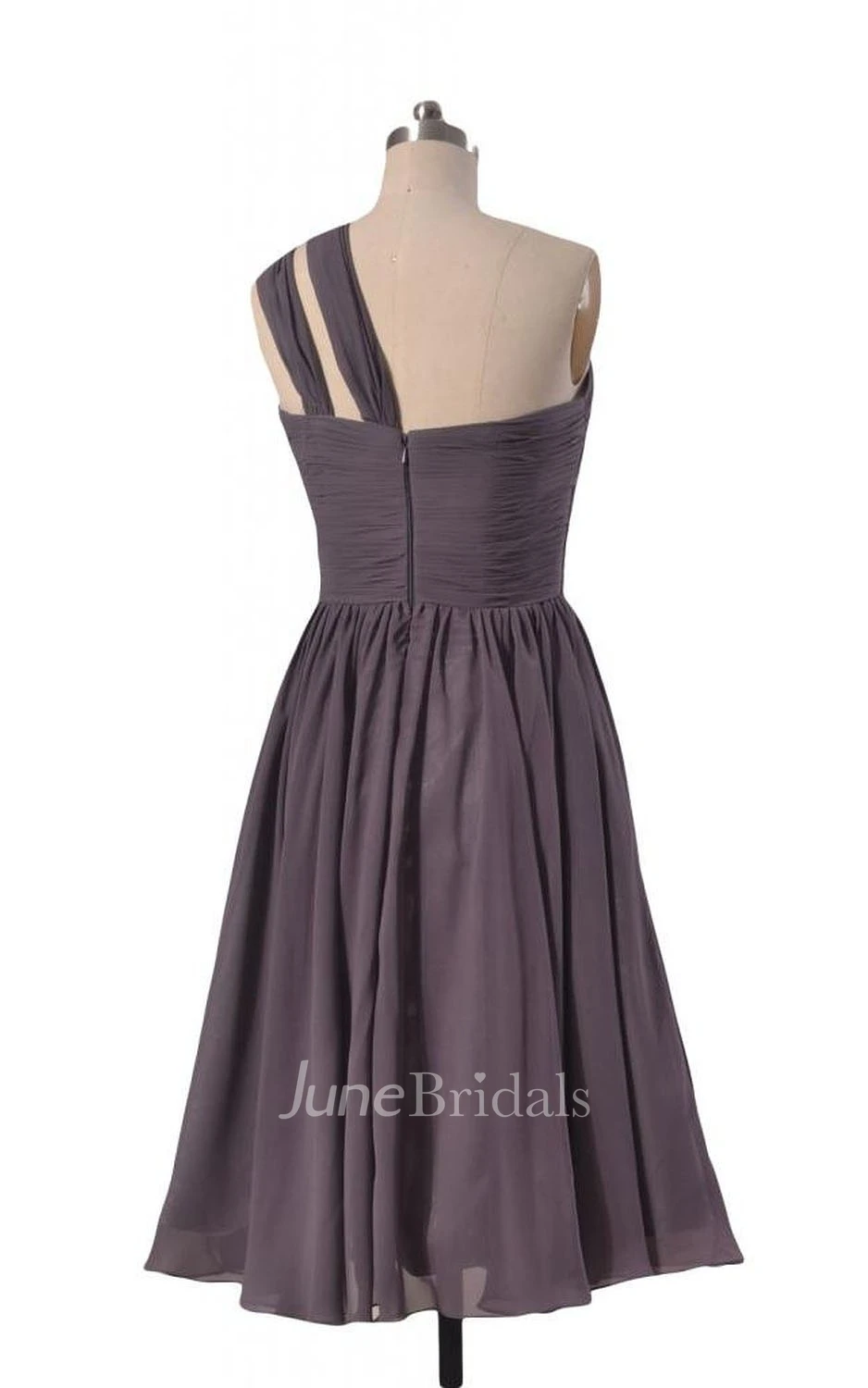 One-shoulder Ruched Bodice Knee-length Pleated Chiffon Dress