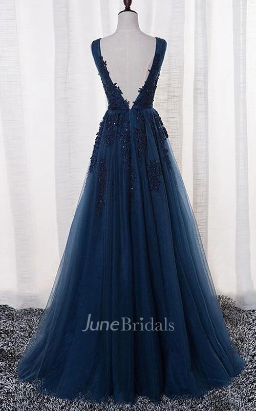 Sleeveless V-neck Long Beaded Tulle Dress