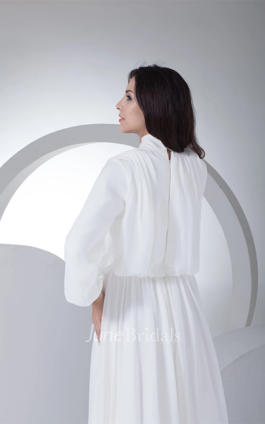 3-4 Sleeve High-Neck A-Line Chiffon Dress with Pleats and Zipper Back