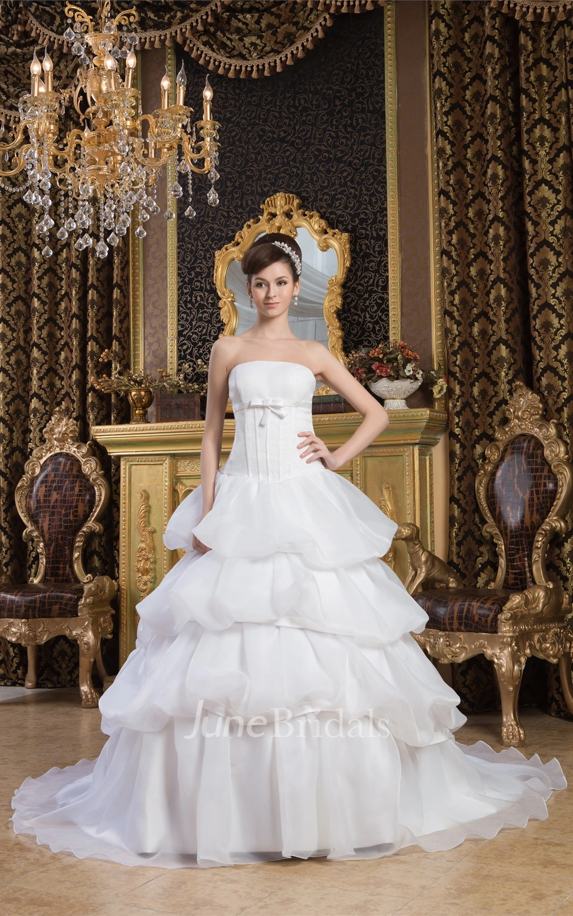 Strapless A-Line Tiered Dress with Bow and Pick-Up Design