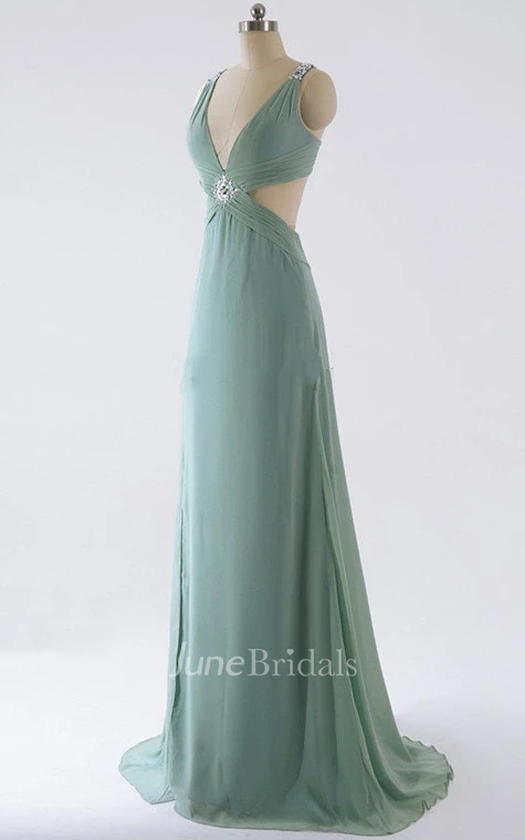 Sheath V-neck Chiffon Dress With Sweep Train 