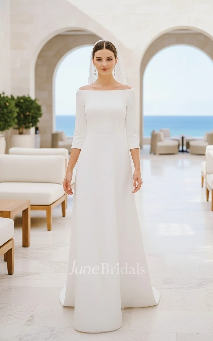 Modern A-Line Boat Neck 3/4 Sleeves Minimalist Spring Wedding Dress Chic Satin Sweep Train Bridal Gown