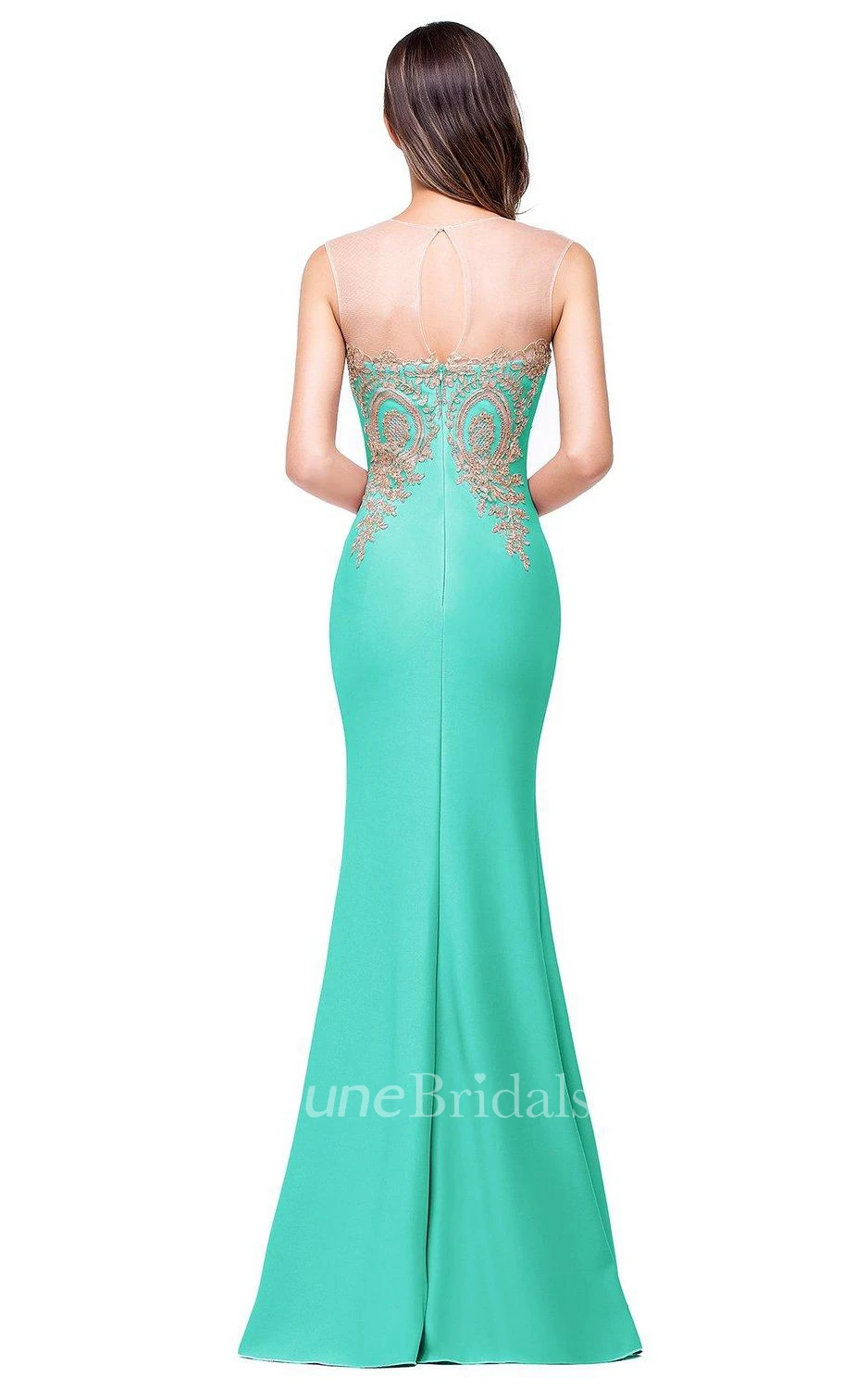 Sleeveless Illuion Neckline Long Satin Mermaid Dress