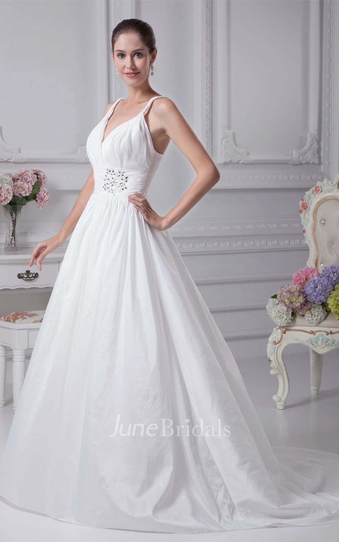 Spaghetti-Strap Plunged A-Line Gown with Broach and Pleats