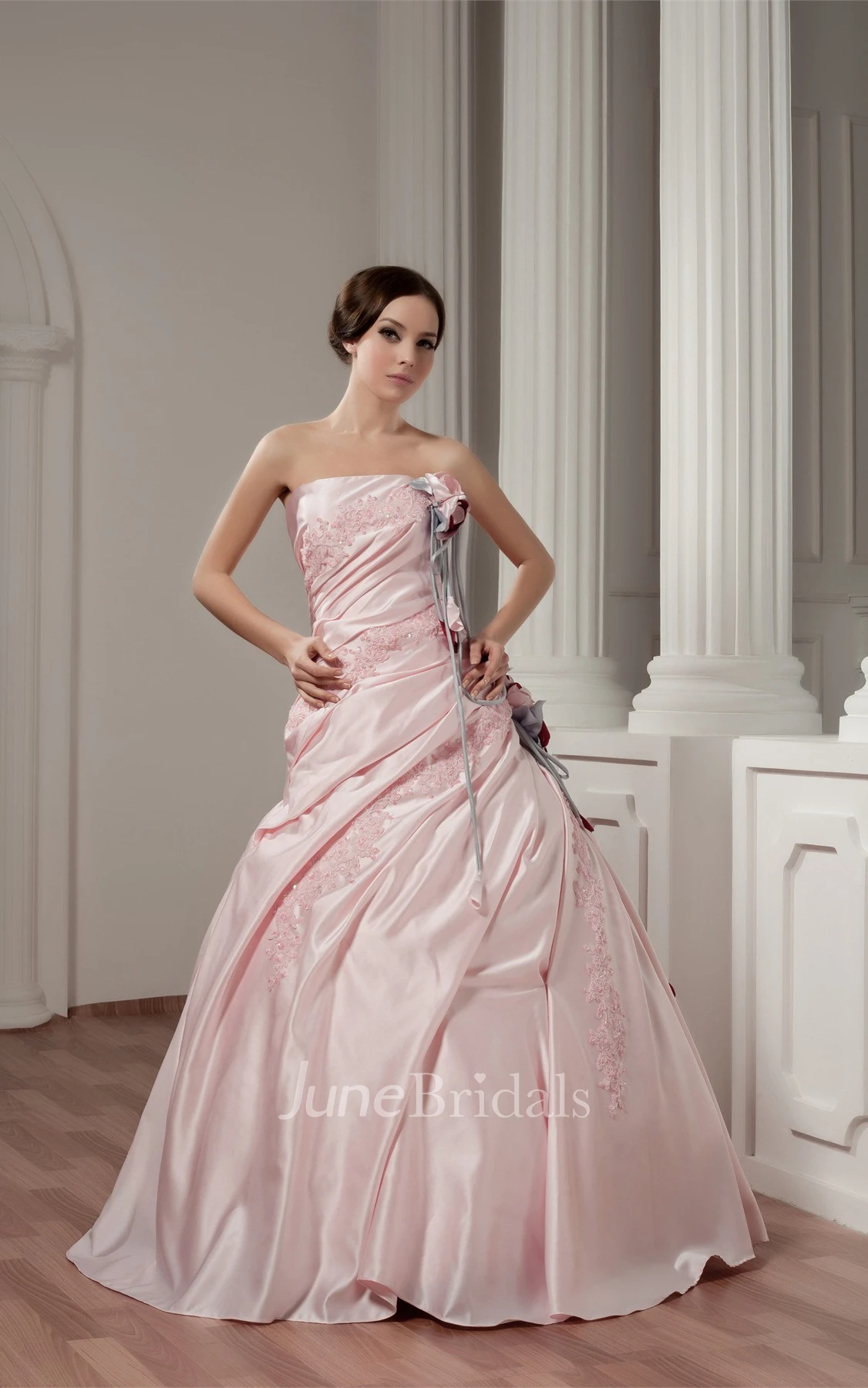 Strapless Appliqued Ball Gown with Flower and Side Ruching