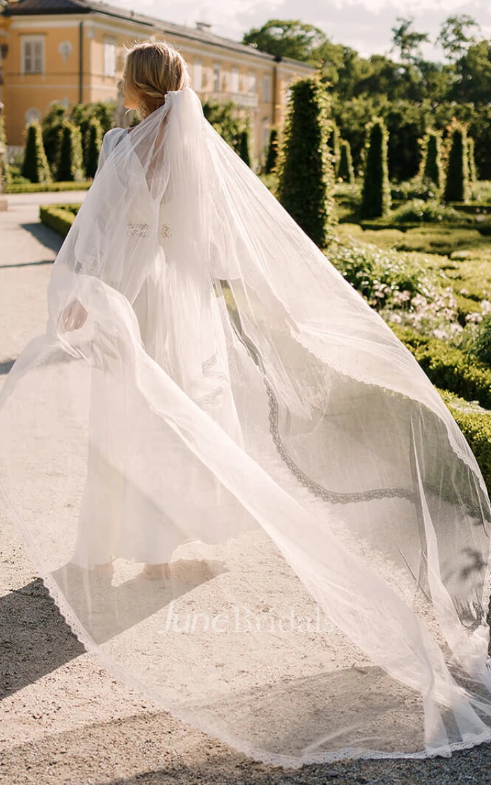 Flowy Boho Long Sleeve V-Neck Lace A-Line Chiffon Warm Wedding Dress with Zipper and Low-V Back