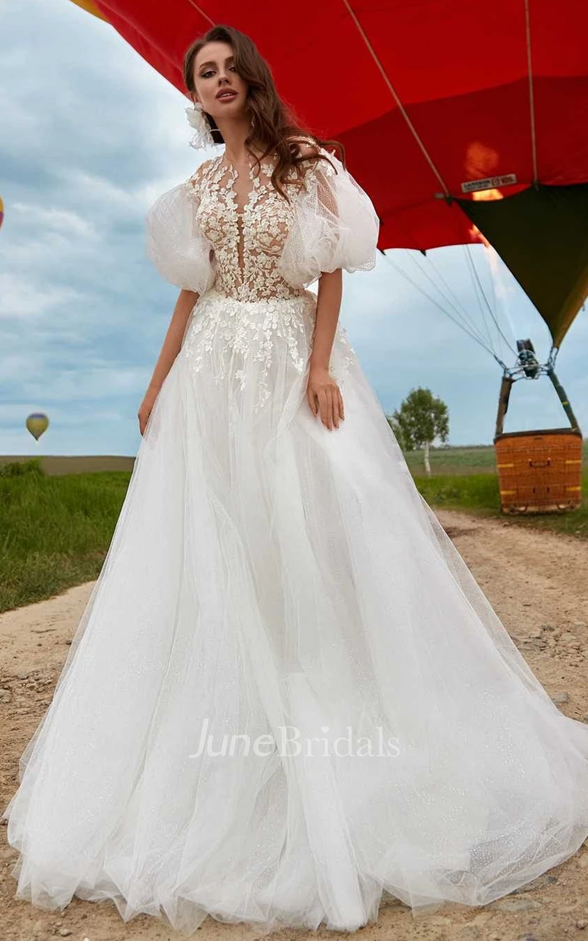 Bohemian A Line Tulle Court Train Wedding Dress with Appliques