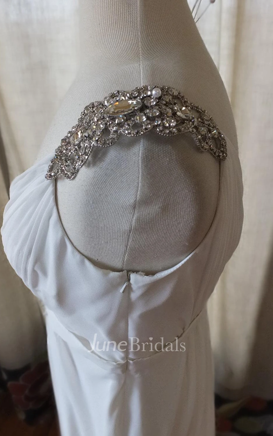 V-Neck Low-V Back Chiffon Wedding Dress With Crystal Detailing And Ruching