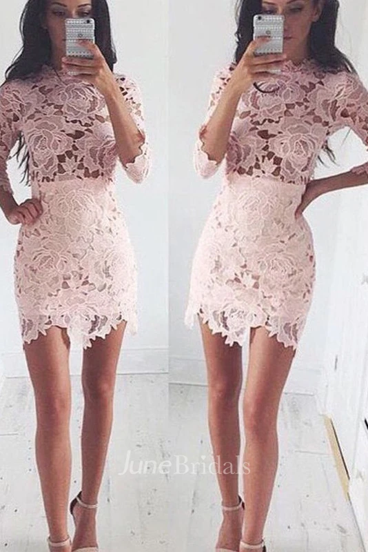 Sheath High Neck 3 4 Length Sleeve Short Mini Lace Homecoming Dress