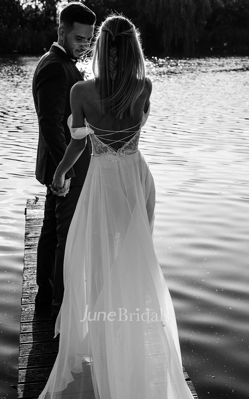 Two Piece Off-the-shoulder Lace Winter Wedding Dress With Cross Back And Split Front