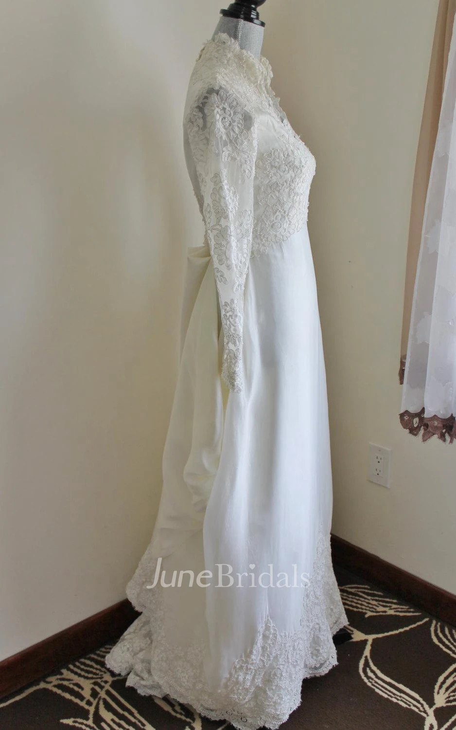 Queen Anne Neck Long Sleeve A-Line Satin Wedding Dress With Lace Hem