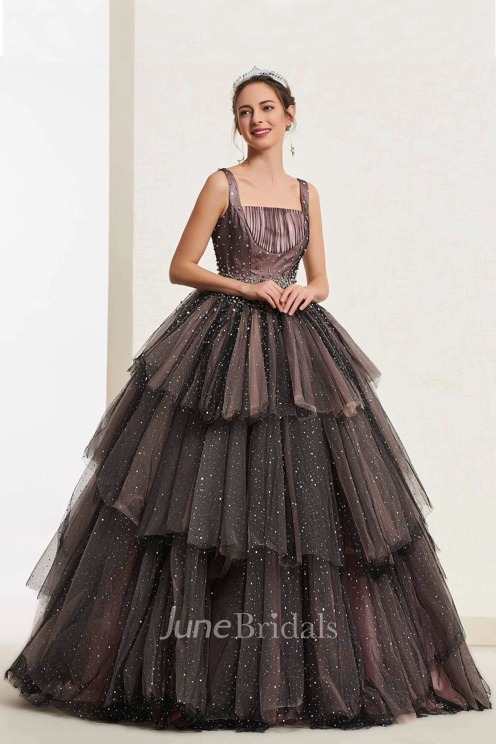 Luxury Vintage Beaded Sleeveless Square Neckline Ballgown With Lace-up And Ruffled Tiers
