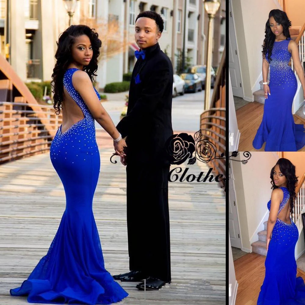 Sexy Royal Blue Mermaid Beadings Prom Dress Open Back