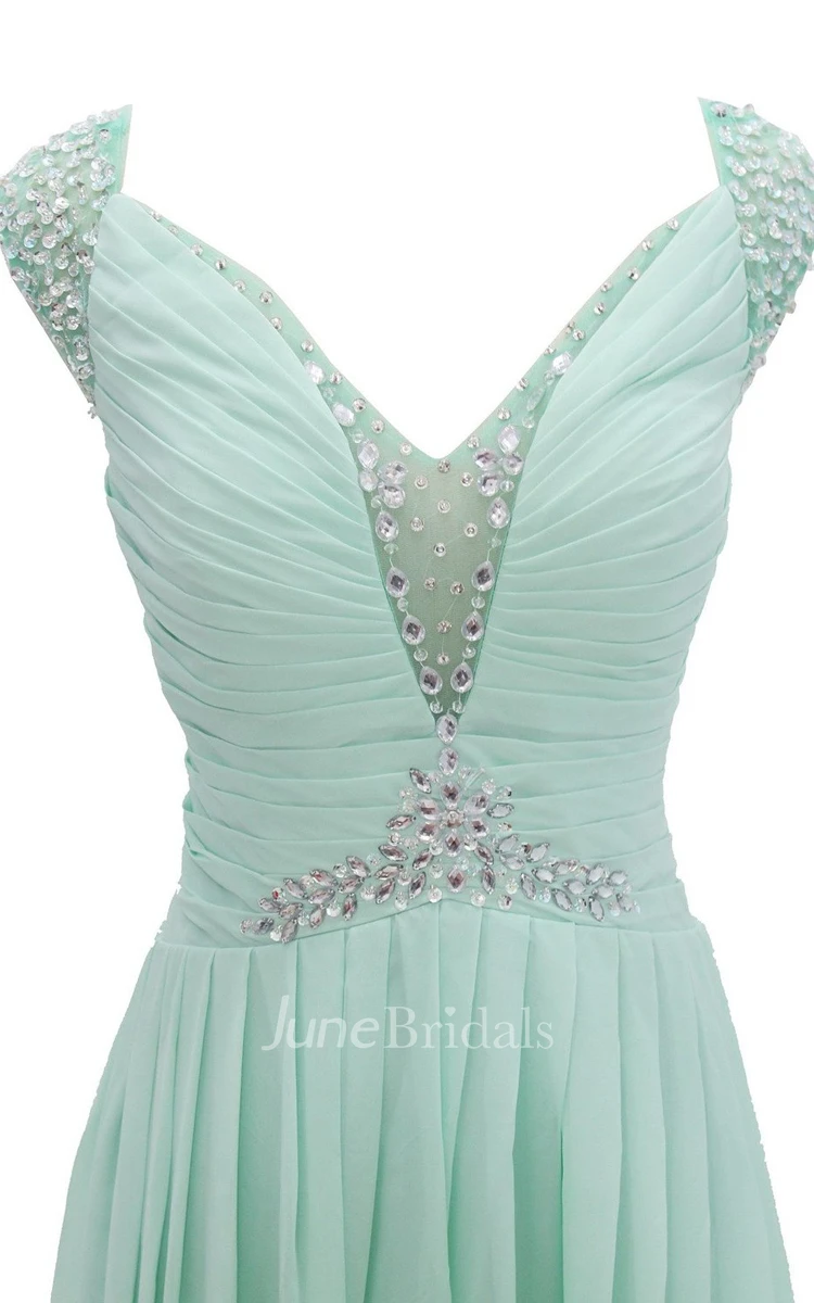 Cap-sleeve V-neck Chiffon A-line Gown With Crystal Detail