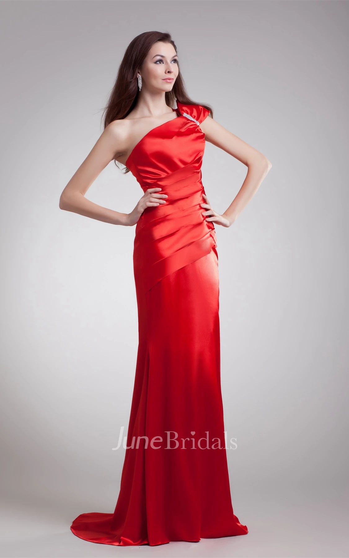 satin sheath one-shoulder dress with ruched bodice