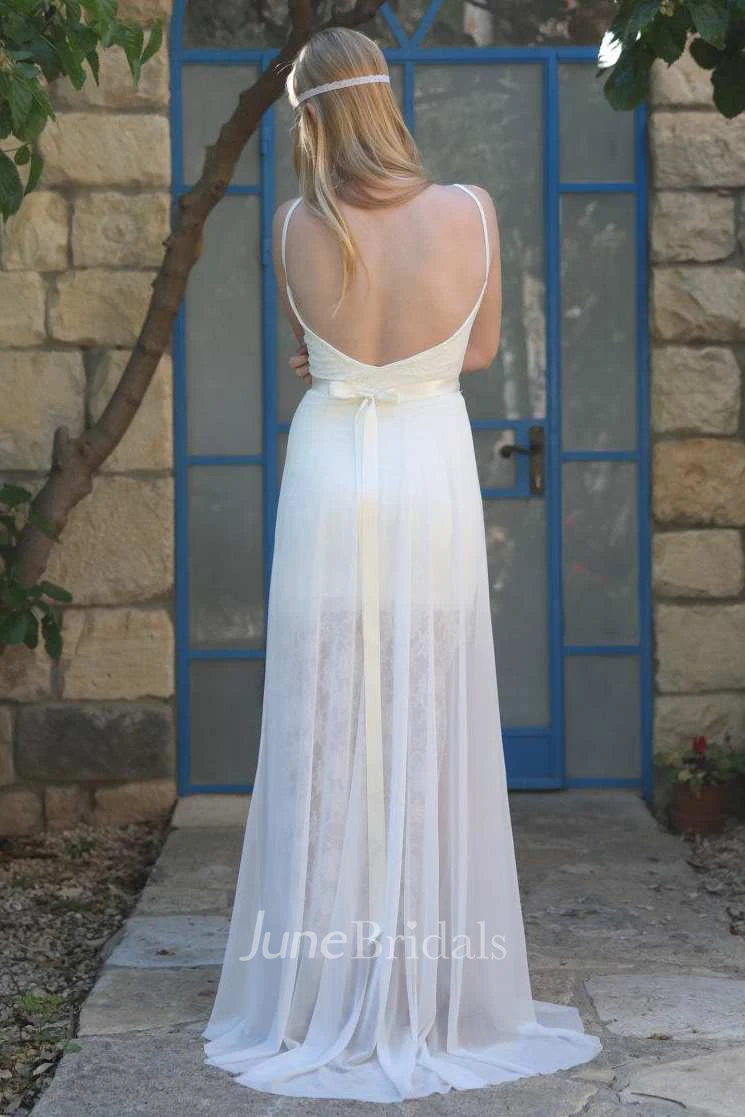 Spaghetti Lace Chiffon Short Wedding Dress With Sweep Train