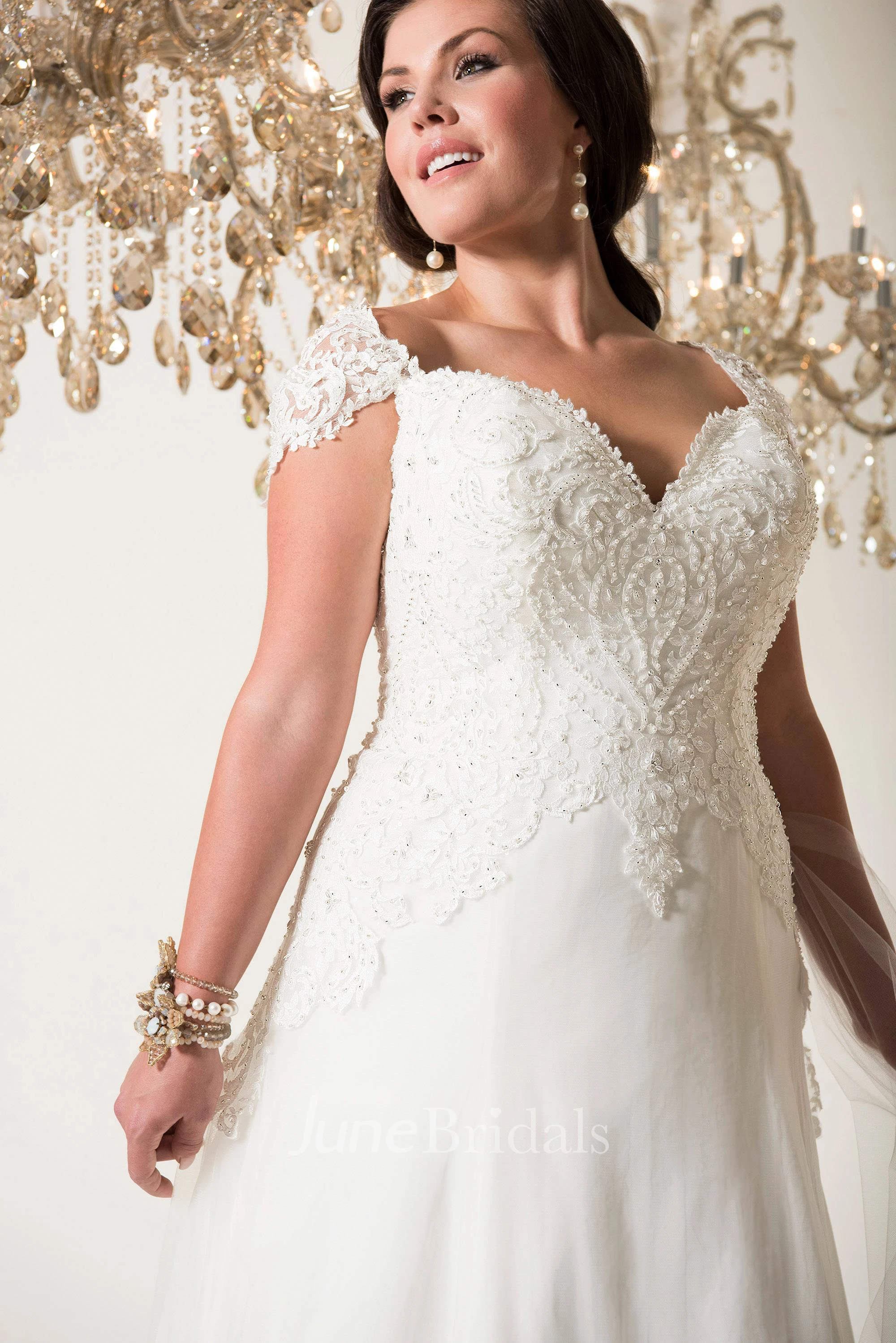 A-Line Long V-Neck Cap Tulle Chiffon Court Train Illusion Appliques Dress