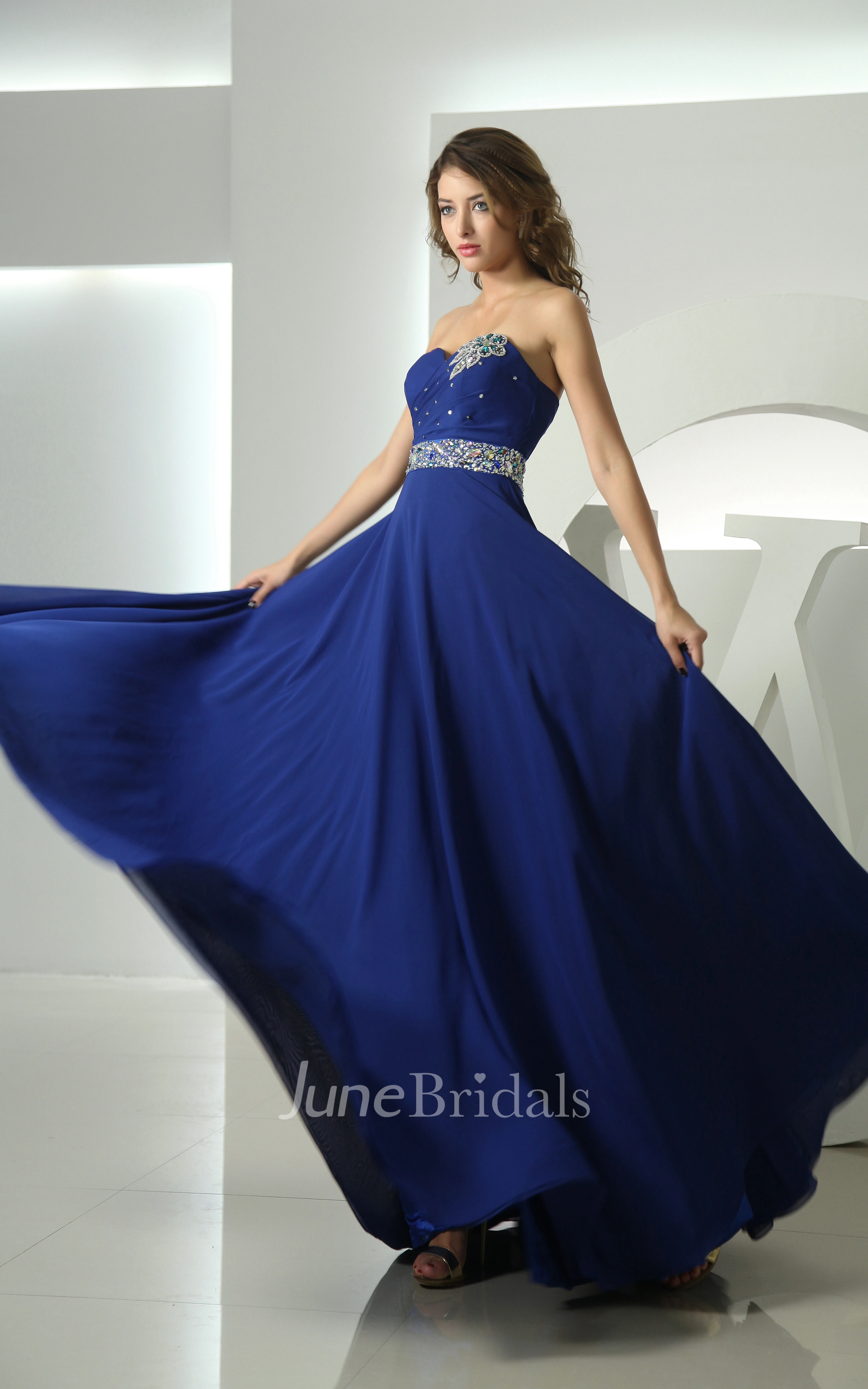 Strapless Chiffon Floor-Length Dress With Beaded Waist