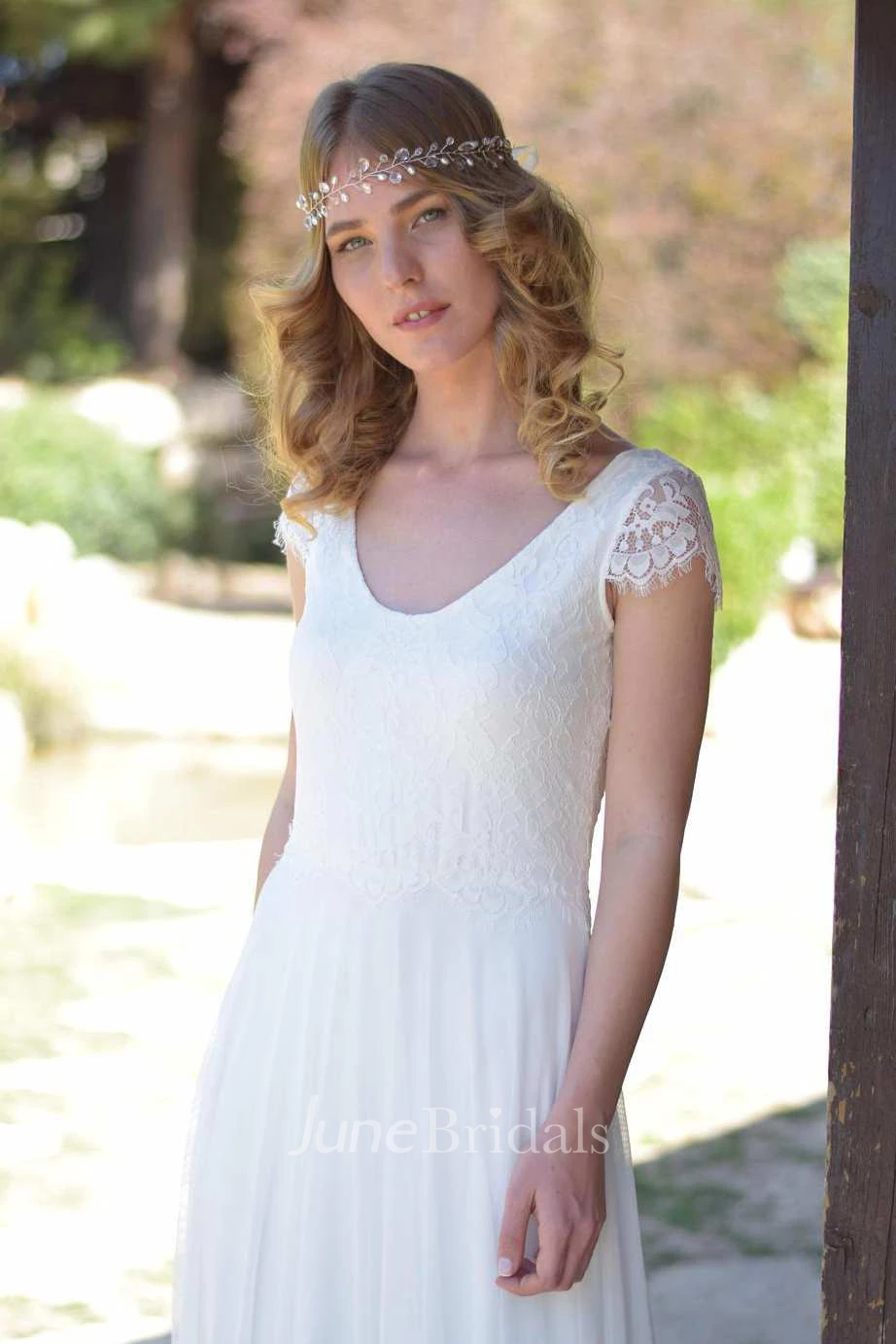 V-Neck Short Sleeve Chiffon Floor-Length Wedding Dress With Lace
