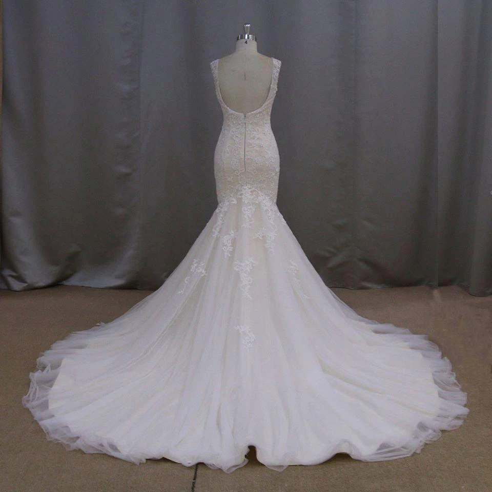 V-Neck Sleeveless Lace Mermaid Wedding Dress With Chapel Train