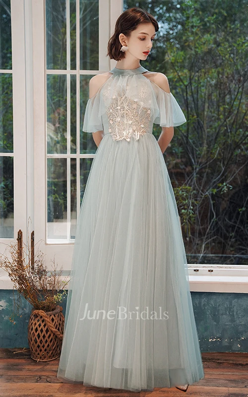 Bohemian Tulle Bateau Halter Off-the-shoulder A Line Evening Formal Dress With Appliques