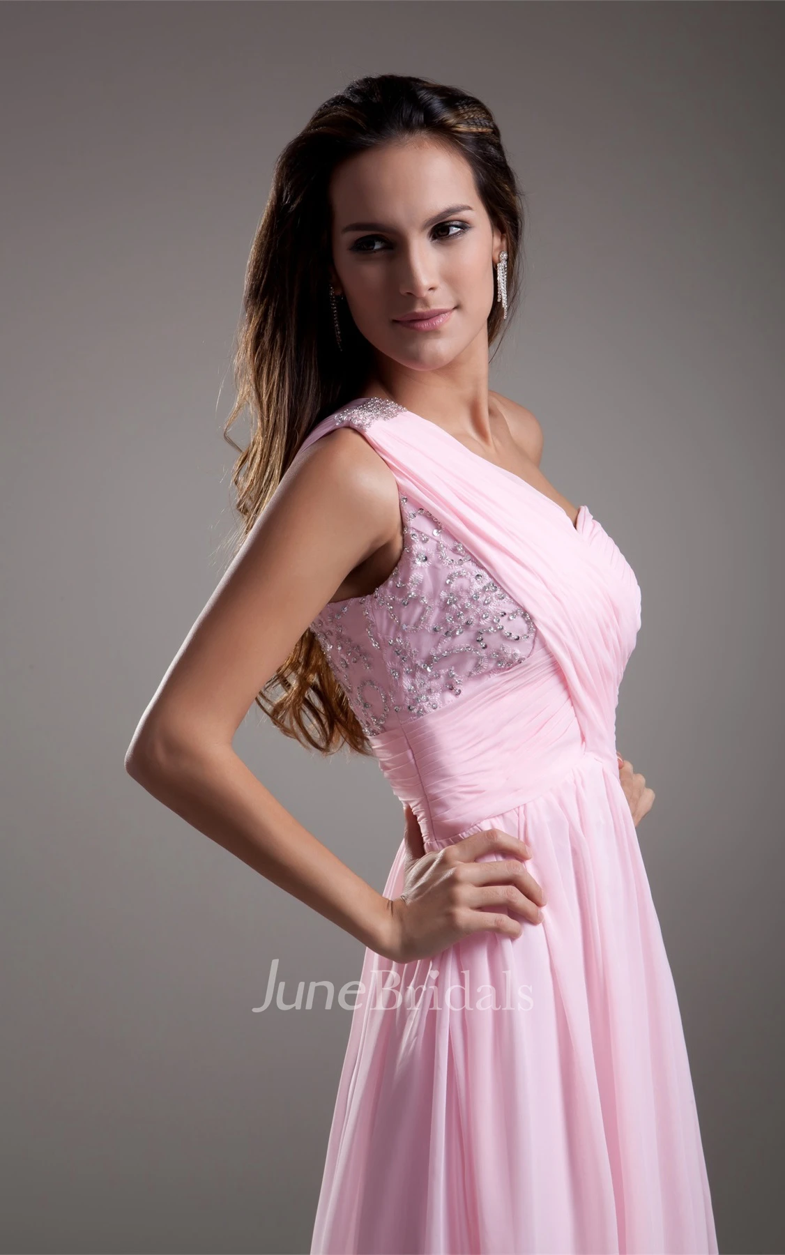 One-Shoulder Criss-Cross Chiffon Maxi Gown with Beading