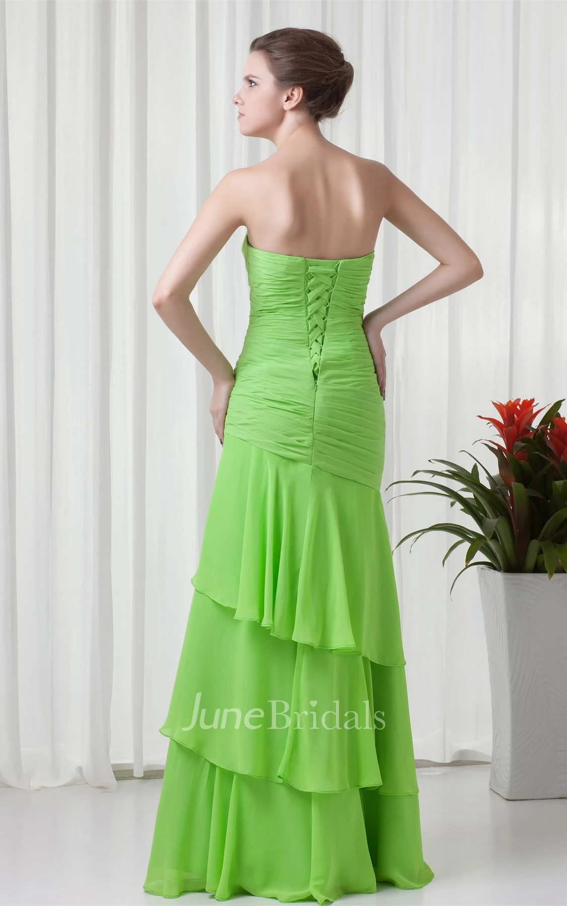 chiffon criss-cross maxi sweetheart dress with tiers and flower