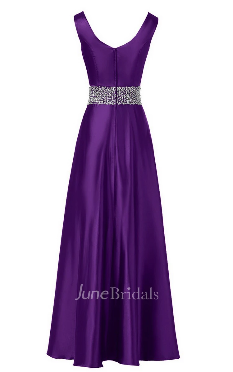 Sleeveless Pleated Satin Dress With Beading Belt and Trim