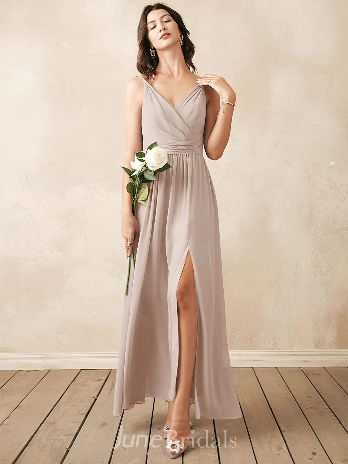 Modern A Line V-neck Chiffon Sleeveless Bridesmaid Dress with Split