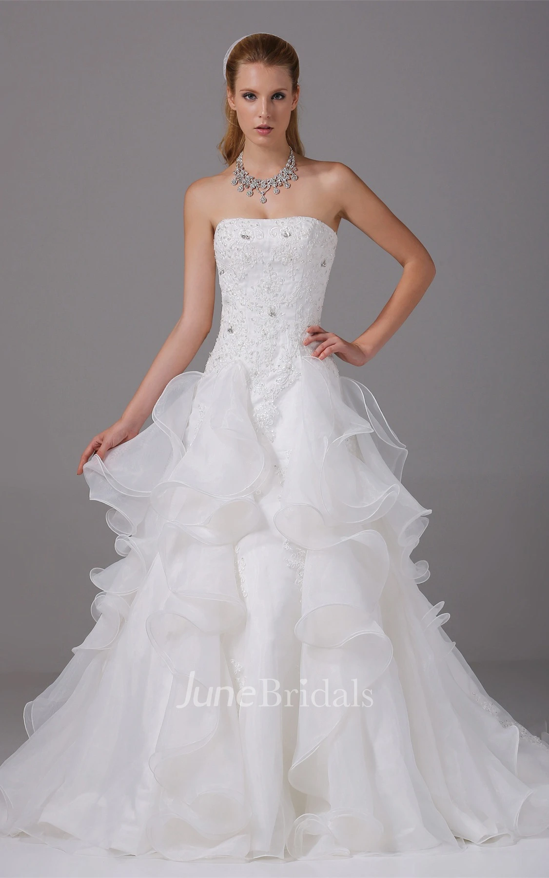 Ruffled A-Line Gown with Appliques and Crystal Detailing