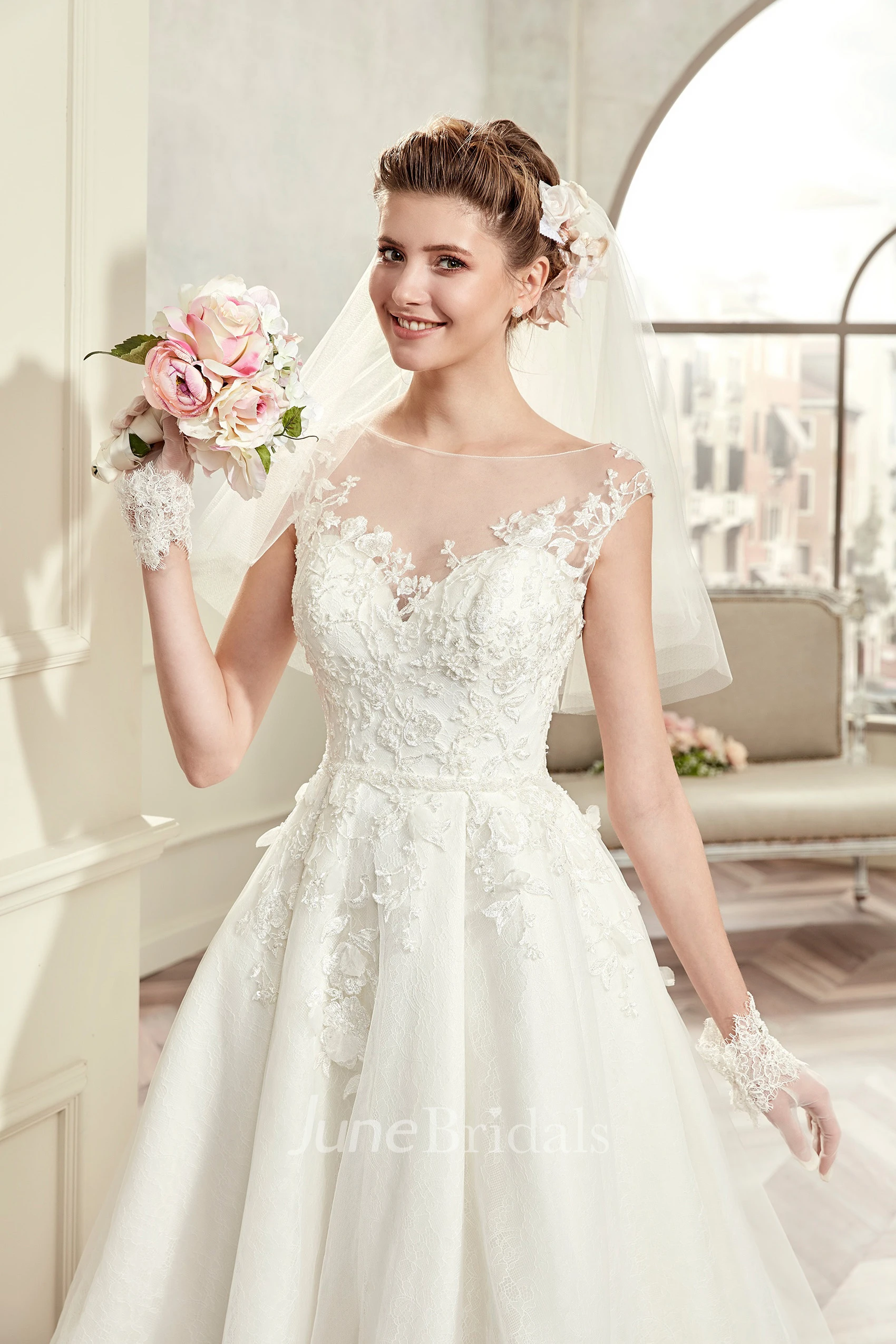 Cap-sleeve Knee-length Wedding Gown with Illusive Design and Lace Bodice