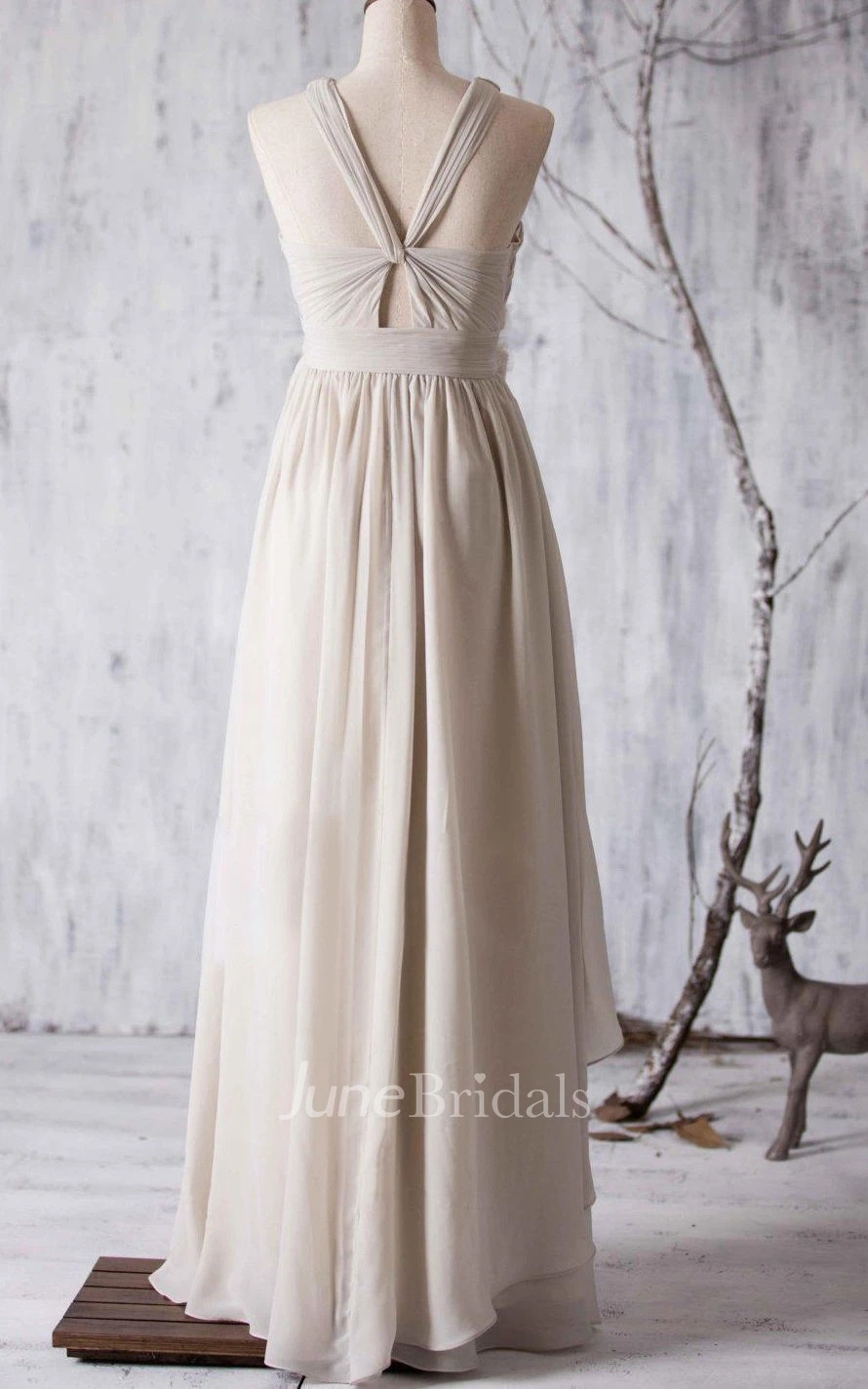 Criss Cross Top V Back A-line Pleated Chiffon Long Dress With Side Drop