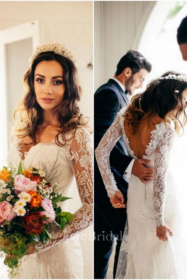 Romantic Bohemian Long Sleeves Sexy Deep V Neck Backless Lace Wedding Dress