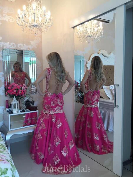 Chic Lace Appliques Mermaid Sequins Prom Dress Fuchsia Sweep Train