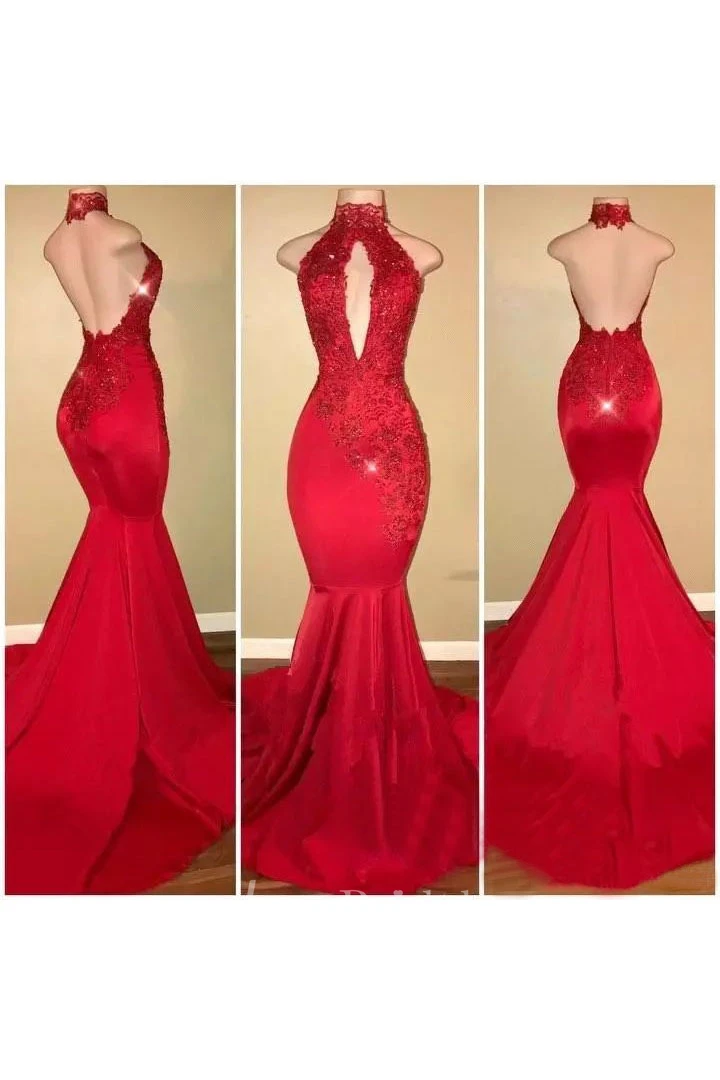 Satin Sexy Brush Train Mermaid Hater Open Back Appliques Sleeveless Dress 