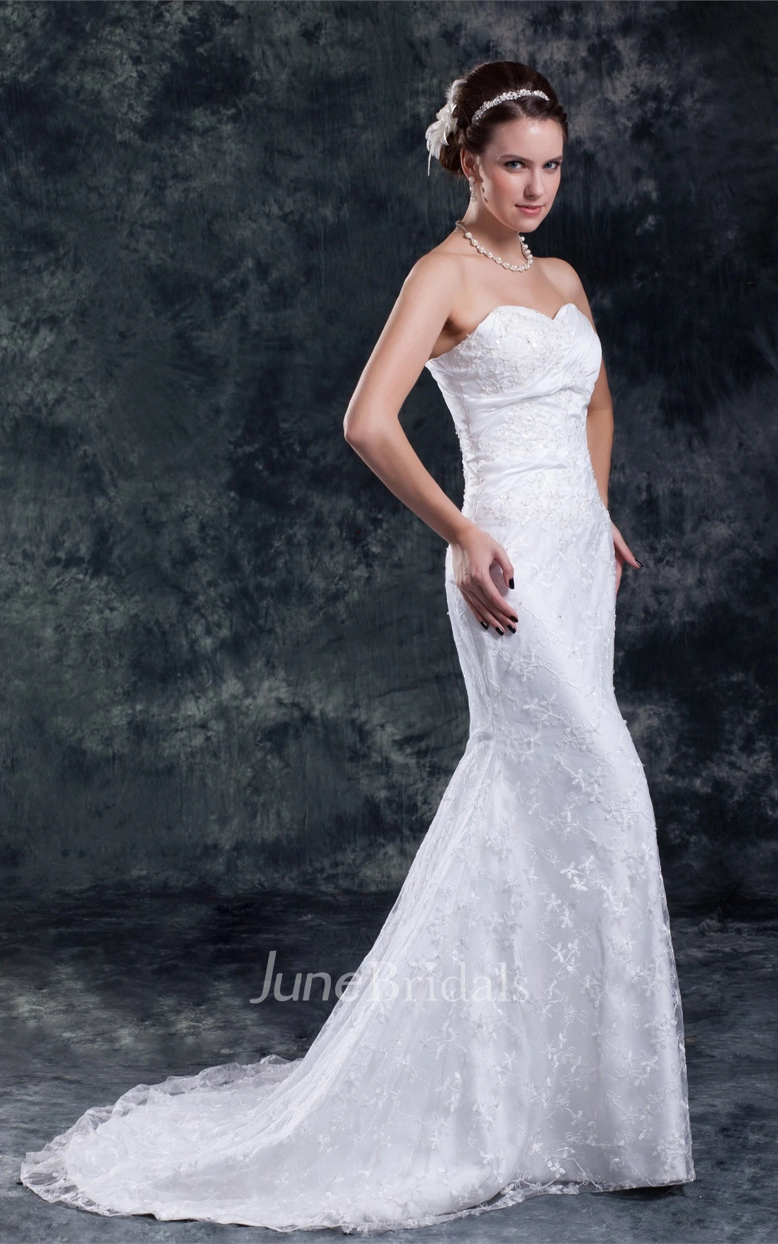 exquisite ruched sheath sweetheart dress with sweep train and lace