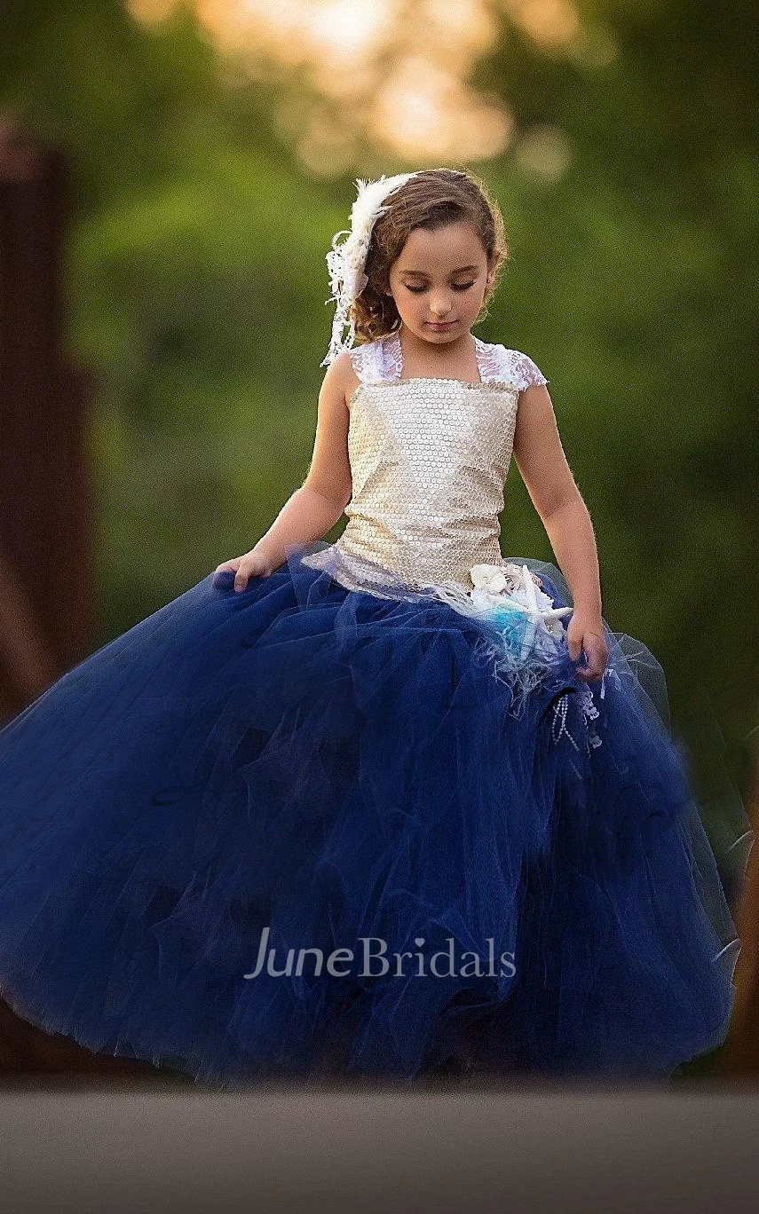 Strapped Tulle Dress With Sequins&Flower Sash Ribbon