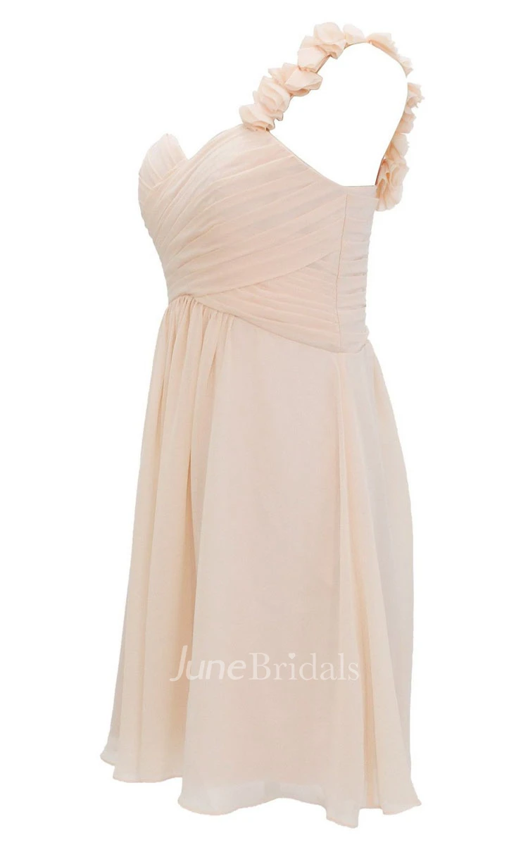 Floral One-shoulder Pleated Short Dress With Lace-up Back