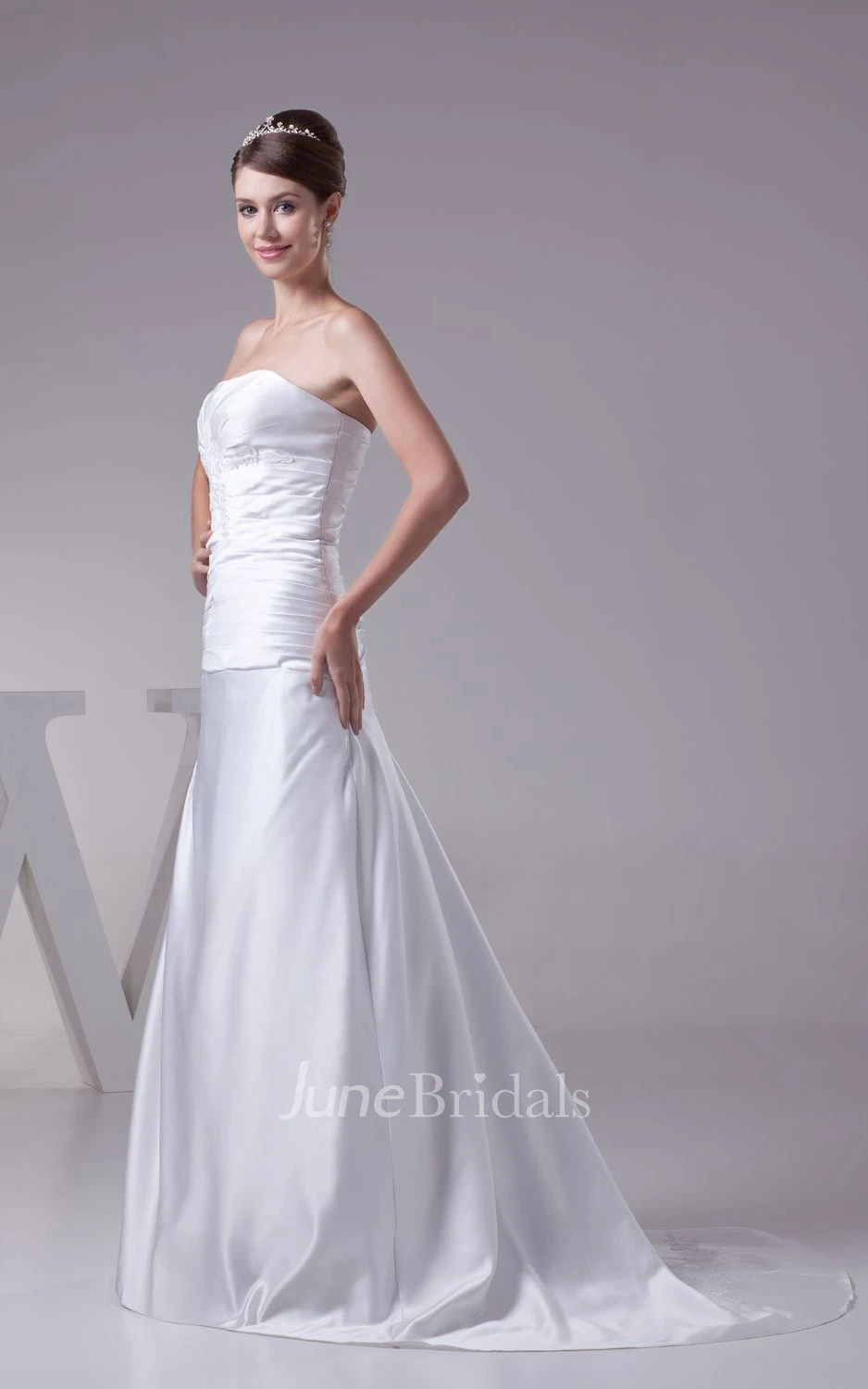 Strapless Central-Ruched Sheath Dress With Beading and Sweep Train