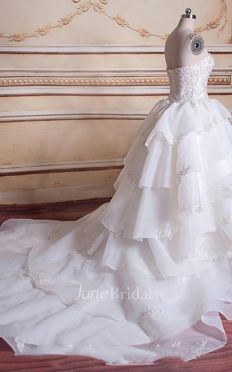 Ball Gown Chapel Train Tulle Lace Organza Satin Dress With Beading Appliques