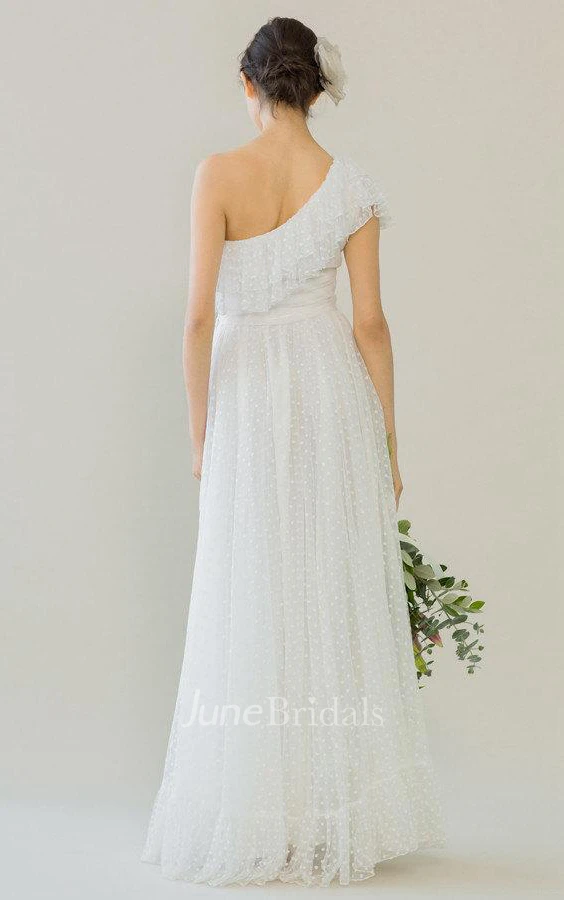 One Shoulder A-Line Dotted Tulle Wedding Dress With Ruffles