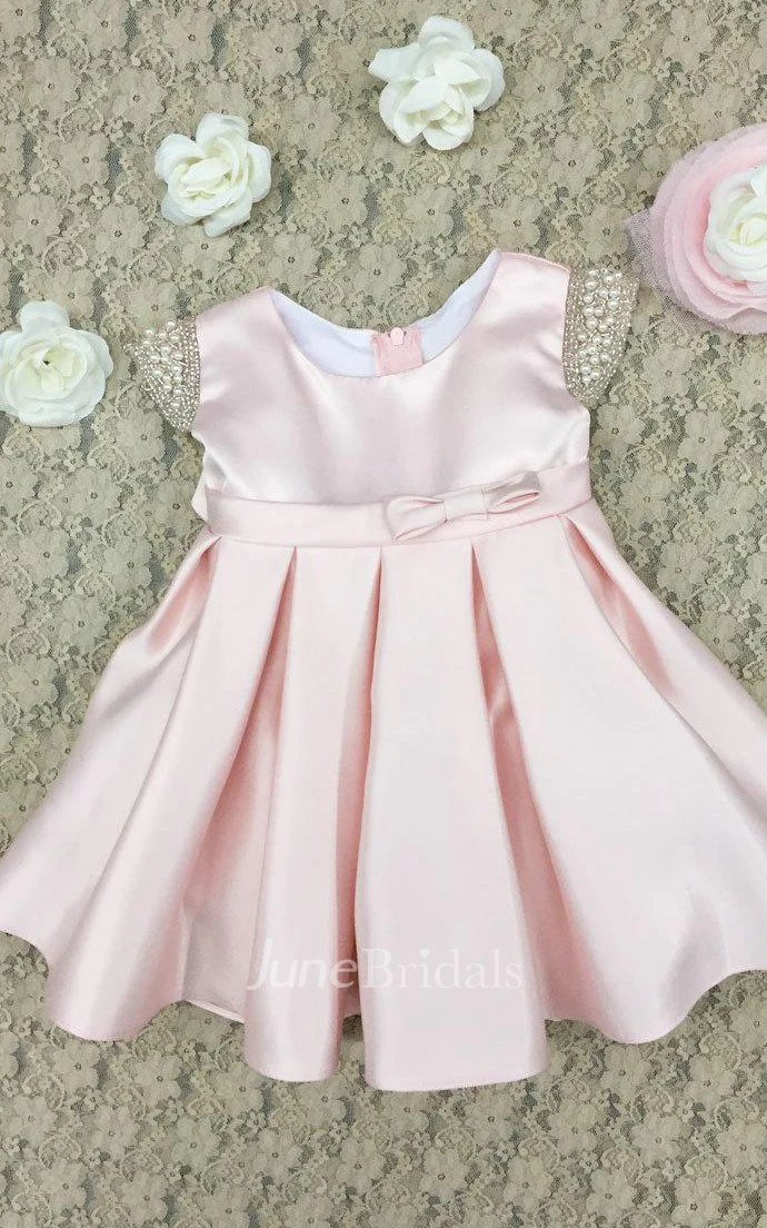 Beautiful Pearl Cap Sleeve Scoop Satin Dress