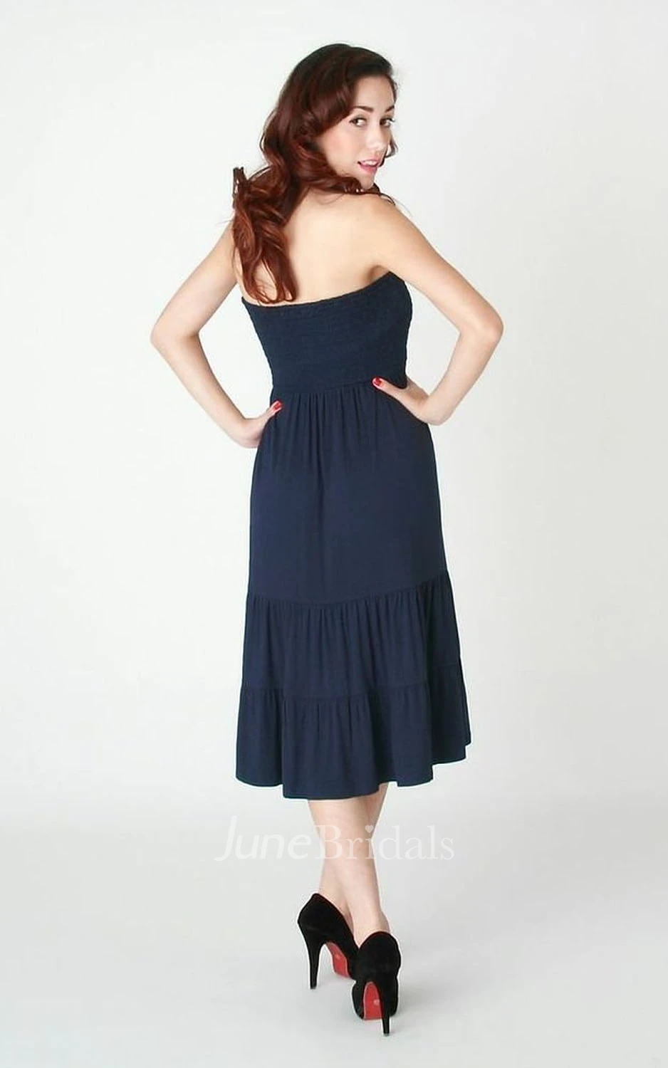 Strapless Midi-length Pleated Ruffled Satin Maternity Dress