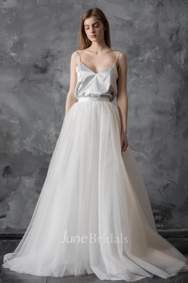 Spaghetti-Strap A-Line Dress With Tulle Skirt And Deep-V Back