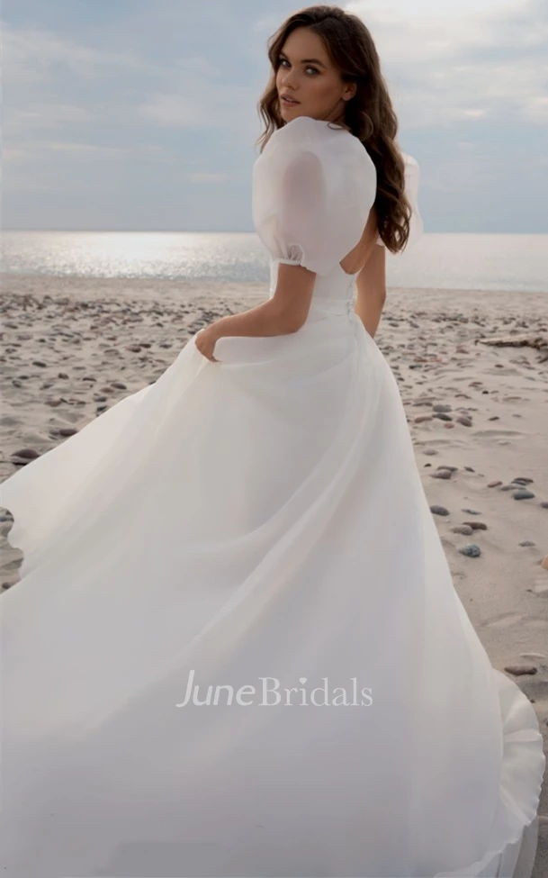 Ethereal Scoop A Line Chiffon Court Train Wedding Dress with Ruching