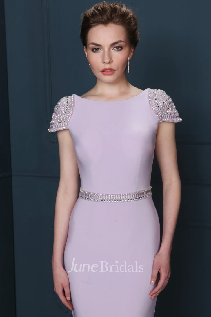 Sheath Beaded Floor-Length Jewel-Neck Cap-Sleeve Jersey Evening Dress With Waist Jewellery