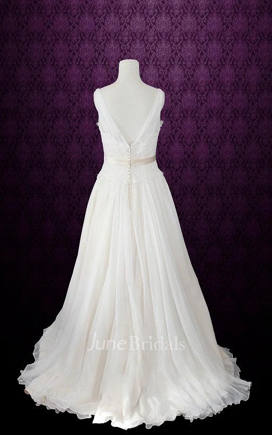 V Neck Neck Sleeveless Sleeveless Sleeveless Low V Back Back Floor Length Chiffon Wedding Dress With Sash Ribbon