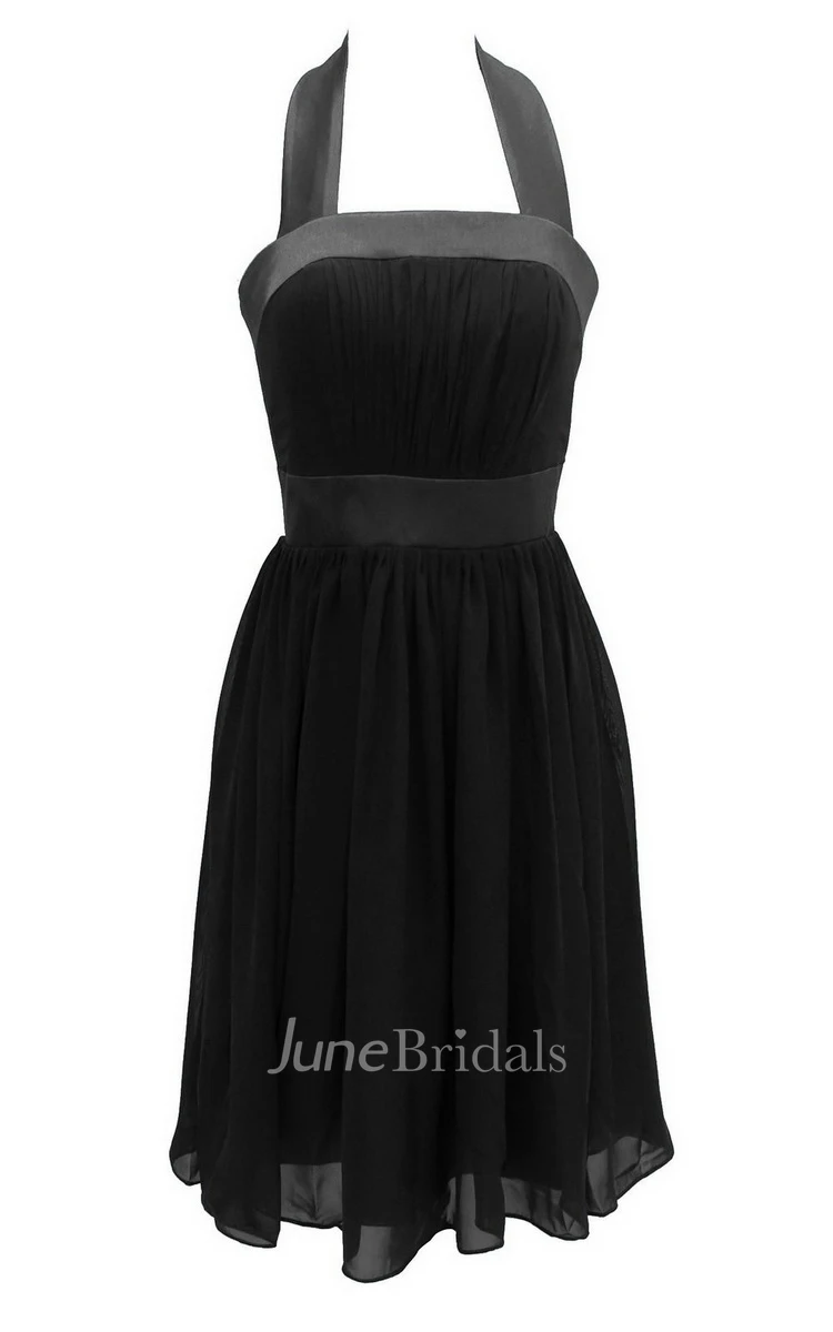 Halter Pleated Chiffon A-line Gown With Satin Band